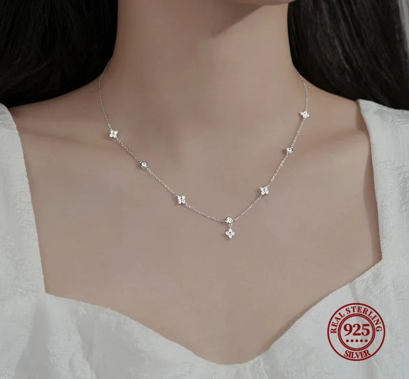 Exquisite Crystal Clover Flowers 925 Sterling Silver Chain Necklaces for Women White Gold Plated Fancy Jewelry Accessories