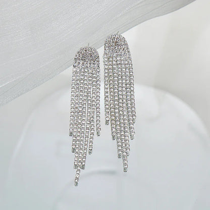 Rhinestone Long Tassel Drop Earrings for Women Girls Silver Gold Black Color Dangle Earrings Jewelry