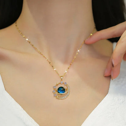 Exquisite Planet Moon Stars Pendant Crystal Necklace Chain for Women Clavicle Charm Jewelry Accessories