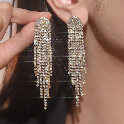 Rhinestone Long Tassel Drop Earrings for Women Girls Silver Gold Black Color Dangle Earrings Jewelry