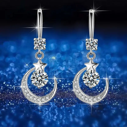 Elegant Crystal Star Moon 925 Sterling Silver Drop Dangle Earrings for Women Fashion Trendy Jewelry Accessories