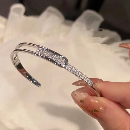 Luxury Crystal 925 Sterling Silver Inline Opening Bracelet Bangle for Women Glamorous Shiny Fashion Jewelry