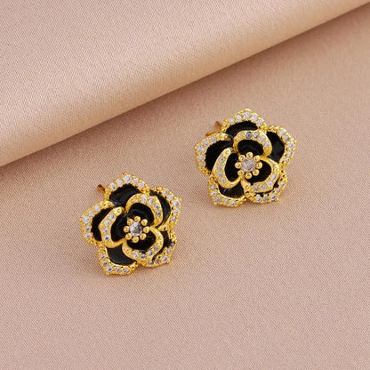 Modern Luxurious Black Rose Crystal Pendant Stainless Steel Necklaces and Earrings for Women Fashion Trendy Jewelry Accessories