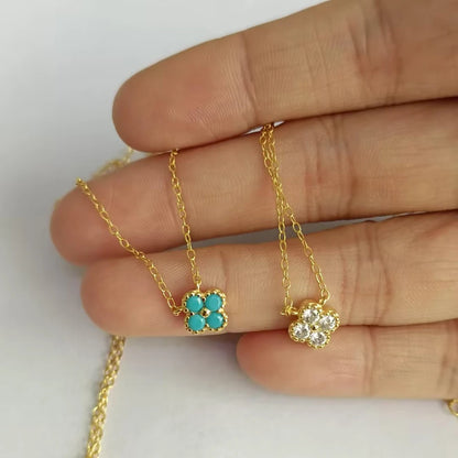 Luxury Dainty 925 Sterling Silver Turquoise Crystals Four Leaf Clover Pendant Necklaces for Women Petal Patter Popular Jewelry
