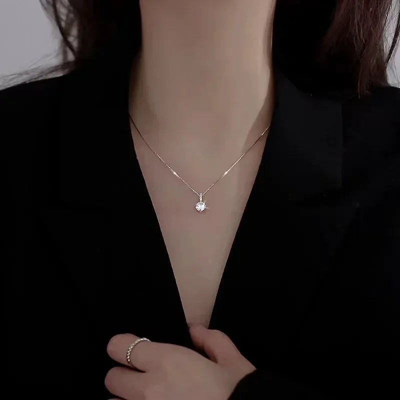 Modern Luxury 925 Sterling Silver Round Crystal Pendant Necklace for Women Minimalist Style Charm Chain Fine Jewelry Accessories