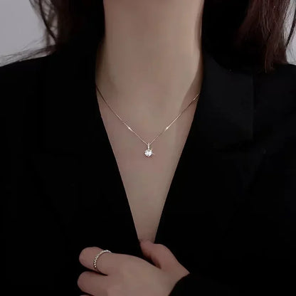 Modern Luxury 925 Sterling Silver Round Crystal Pendant Necklace for Women Minimalist Style Charm Chain Fine Jewelry Accessories