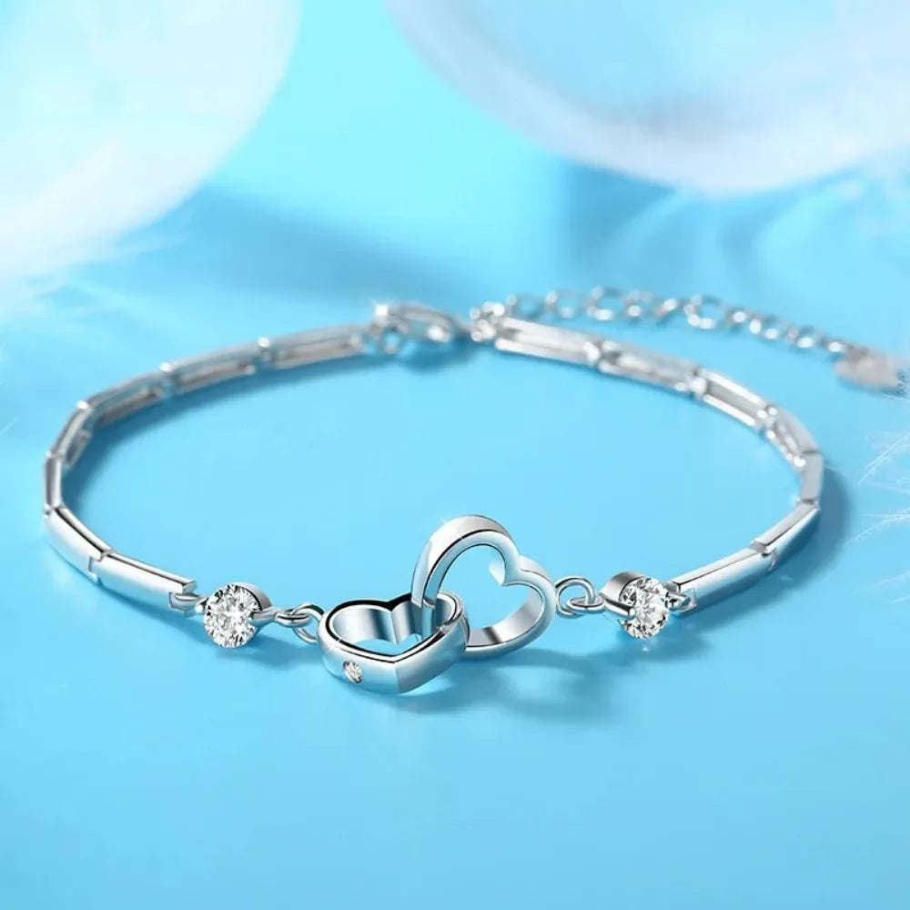Lavish Crystal Double Heart 925 Sterling Silver Bracelets Bangles for Women Fine Accessories Jewelry