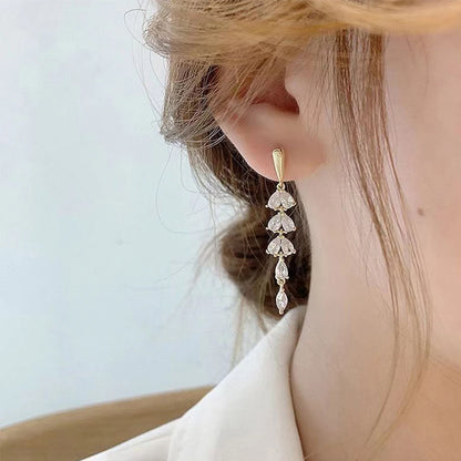 Luxury Leaf Flower Crystal Tassel Earrings for Women Girls Fashion Clear Zirconia Jewelry