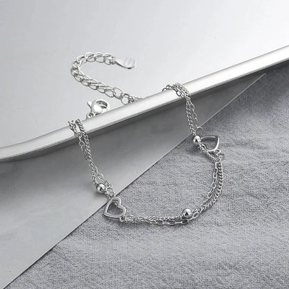 Lavish Double Heart Beads 925 Sterling Silver Chain Bracelets for Women Romantic Jewelry Accessories