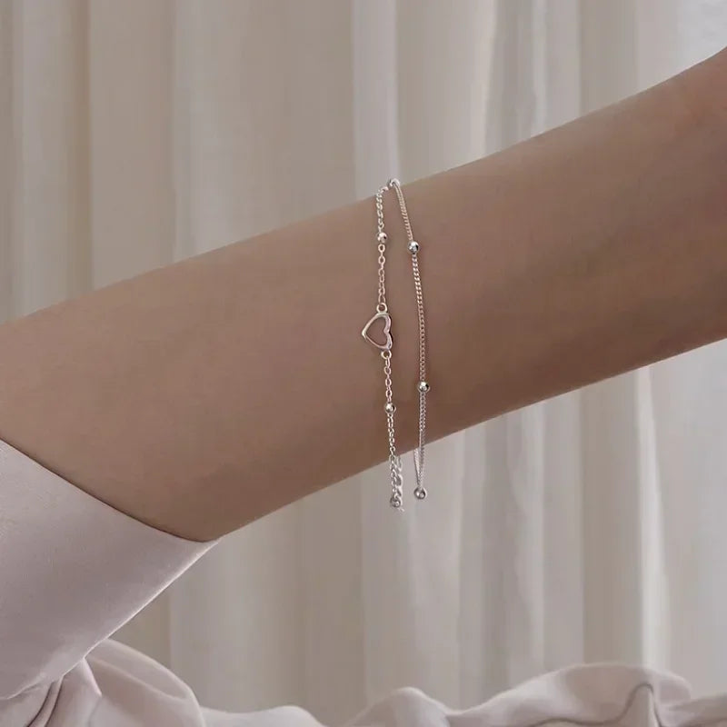 Lavish Double Heart Beads 925 Sterling Silver Chain Bracelets for Women Romantic Jewelry Accessories