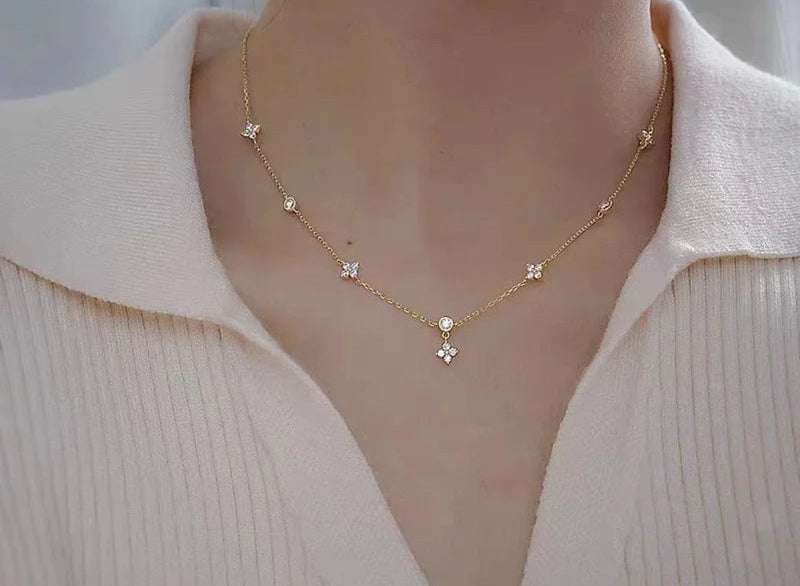 Exquisite Crystal Clover Flowers 925 Sterling Silver Chain Necklaces for Women White Gold Plated Fancy Jewelry Accessories