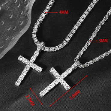 Fashion Iced Out Silver Gold Color Cross Pendant and Necklace for Men Women 4mm Tennis 3mm Rope Chain Bling Zircon Jewelry
