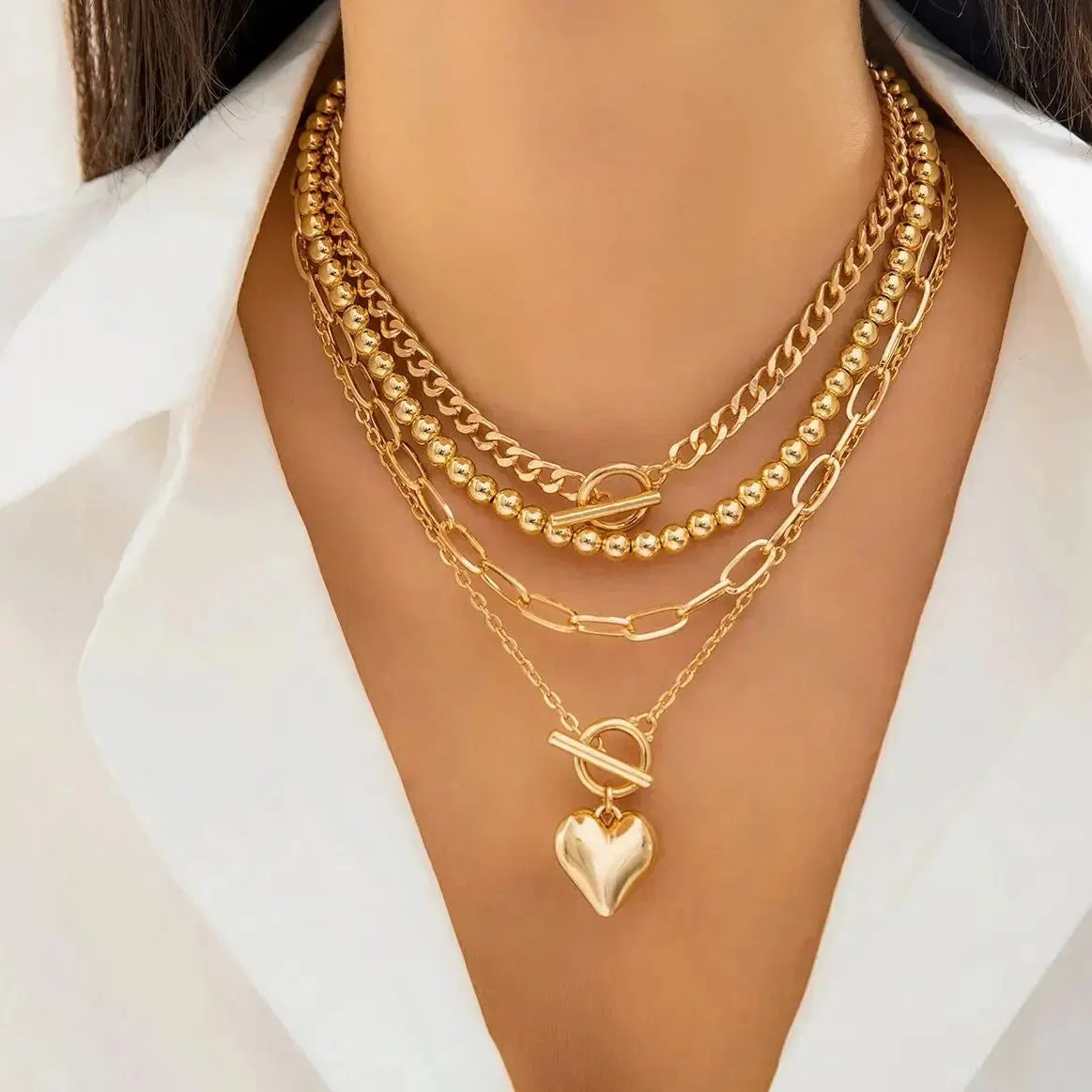 Modern Punk Gold Silver Color Pendant Necklaces for Women Girls Heart Buckle Beaded Choker 4pcs Set Chain Jewelry