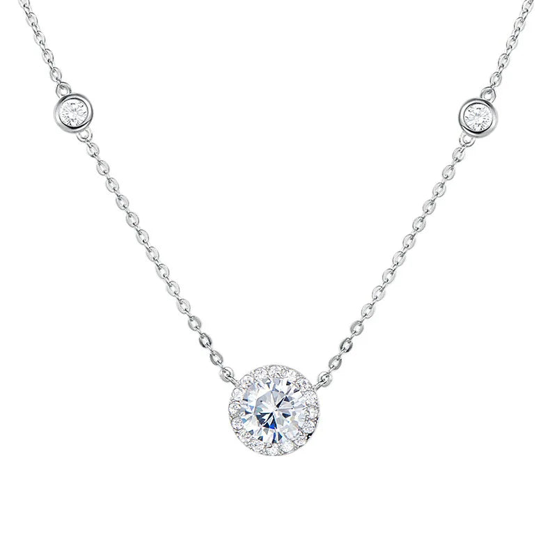 Modern Luxury Crystal Round Heart 925 Sterling Silver Necklace for Women Delicate Charm Pendant Choker Jewelry Accessories