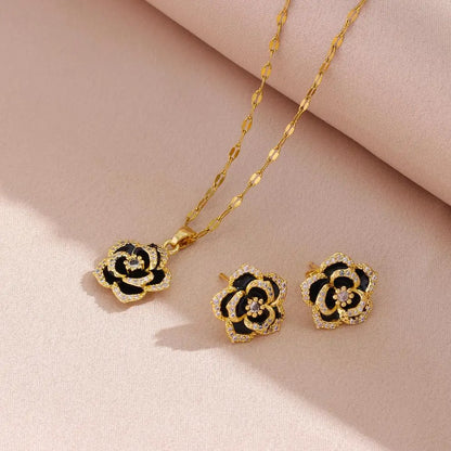 Modern Luxurious Black Rose Crystal Pendant Stainless Steel Necklaces and Earrings for Women Fashion Trendy Jewelry Accessories