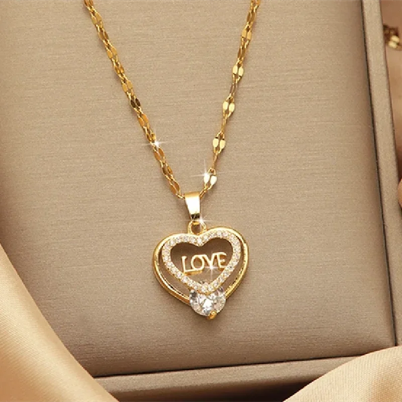 Luxury Crystal Love Heart Gold Plated Stainless Steel Chain Pendant Necklace for Women Jewelry Accessories