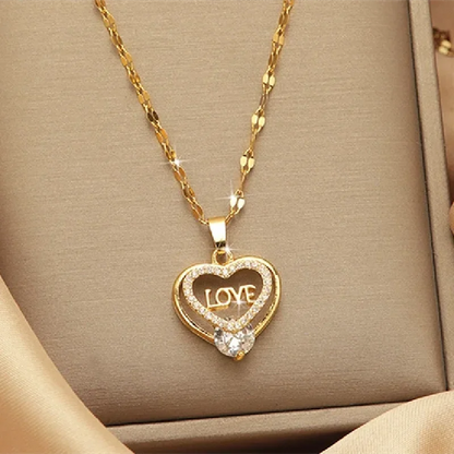 Luxury Crystal Love Heart Gold Plated Stainless Steel Chain Pendant Necklace for Women Jewelry Accessories
