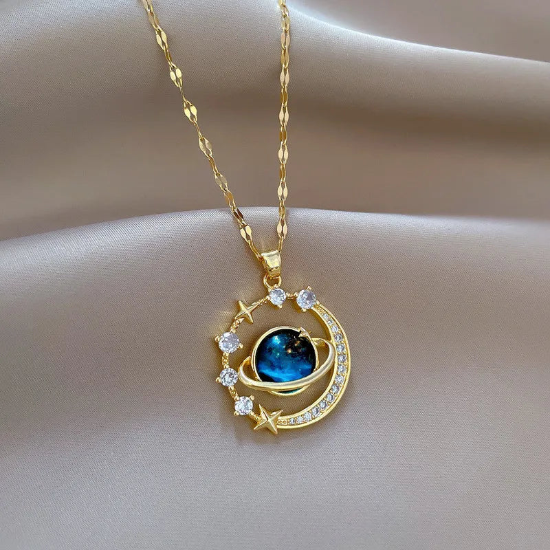 Exquisite Planet Moon Stars Pendant Crystal Necklace Chain for Women Clavicle Charm Jewelry Accessories