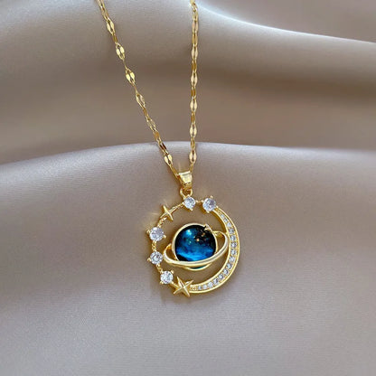 Exquisite Planet Moon Stars Pendant Crystal Necklace Chain for Women Clavicle Charm Jewelry Accessories