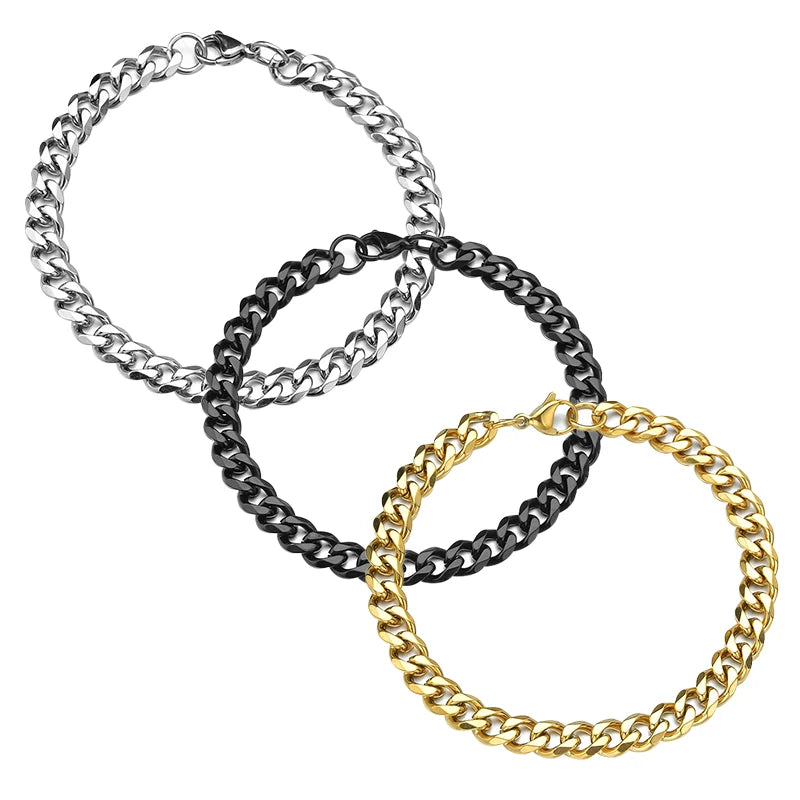 Stainless Steel Cuban Curb Links Chain Bracelets for Men Women Unisex Silver Gold Black Color Jewelry Accessories