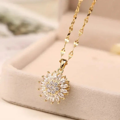 Rotating Sunflower Crystals Pendant Necklaces For Women Girls Gold Color Alloy Chain Cubic Zirconia Jewelry Accessories