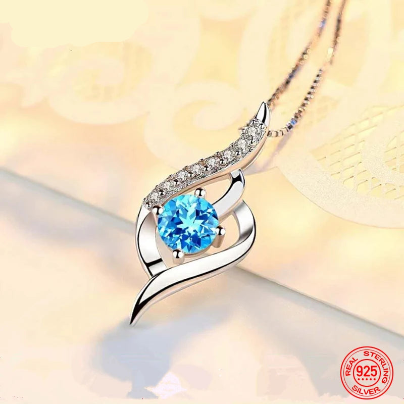 Luxury Blue White Crystal 925 Sterling Silver Spiral Design Necklace Chain for Women Accessories Jewelry