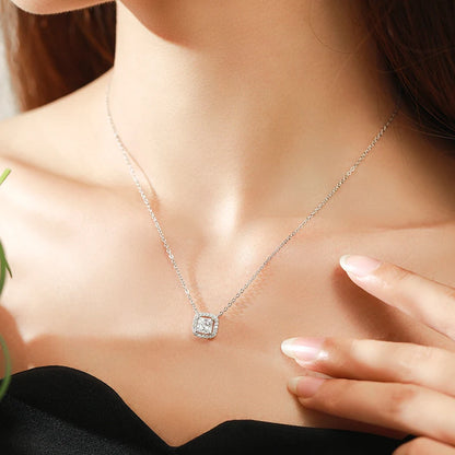 Luxurious Square Crystal 925 Sterling Silver Shiny Pendant Chain Necklace for Women Fine Jewelry Charm