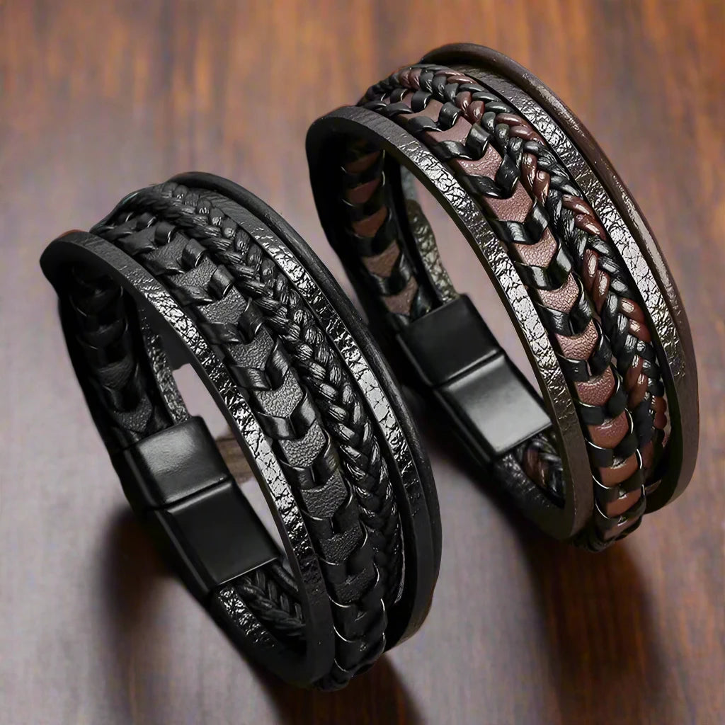 Multi Layer Vintage Leather Braided Rope Bracelets for Men Alloy Magnetic Buckle High Quality Fashion Accessory