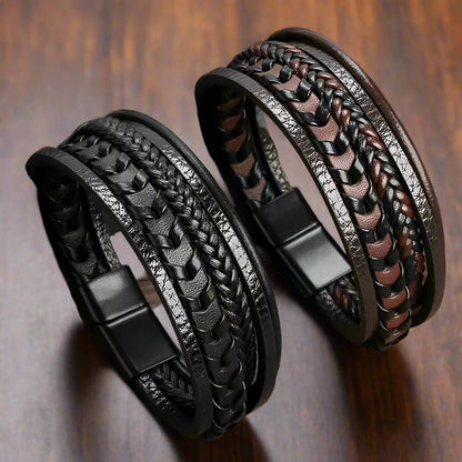 Multi Layer Vintage Leather Braided Rope Bracelets for Men Alloy Magnetic Buckle High Quality Fashion Accessory