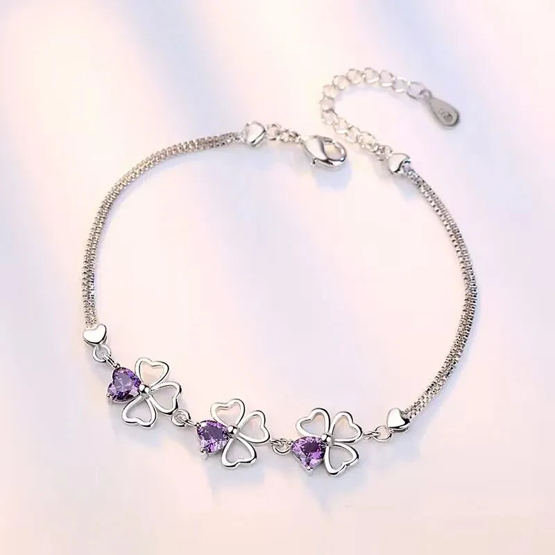 Purple Crystal Lucky Four Leaf Clover 925 Sterling Silver Bracelets for Women Fine Accessories Jewelry
