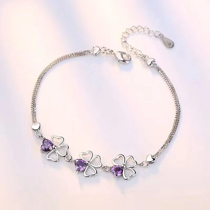 Purple Crystal Lucky Four Leaf Clover 925 Sterling Silver Bracelets for Women Fine Accessories Jewelry