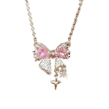 Elegant Pink Bow and Star Crystal Pendant Necklace for Women Fashion Sparkling Rhinestone Clavicle Chain Jewelry Accessories