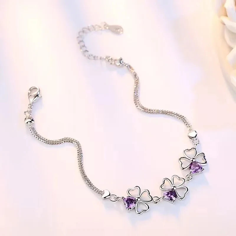 Purple Crystal Lucky Four Leaf Clover 925 Sterling Silver Bracelets for Women Fine Accessories Jewelry