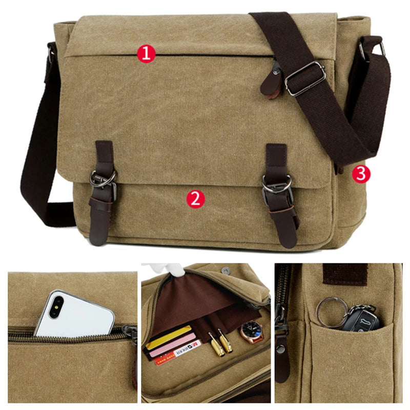 Multifunction Casual Canvas Shoulder Messenger Handbags Zipper Crossbody Single Strap Travel Flap Bag
