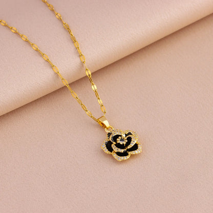 Modern Luxurious Black Rose Crystal Pendant Stainless Steel Necklaces and Earrings for Women Fashion Trendy Jewelry Accessories