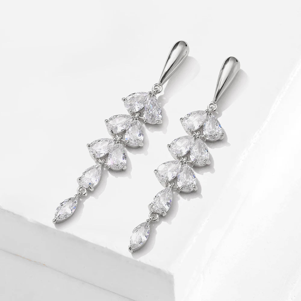 Luxury Leaf Flower Crystal Tassel Earrings for Women Girls Fashion Clear Zirconia Jewelry