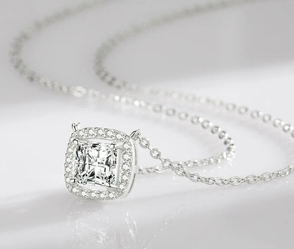 Luxurious Square Crystal 925 Sterling Silver Shiny Pendant Chain Necklace for Women Fine Jewelry Charm
