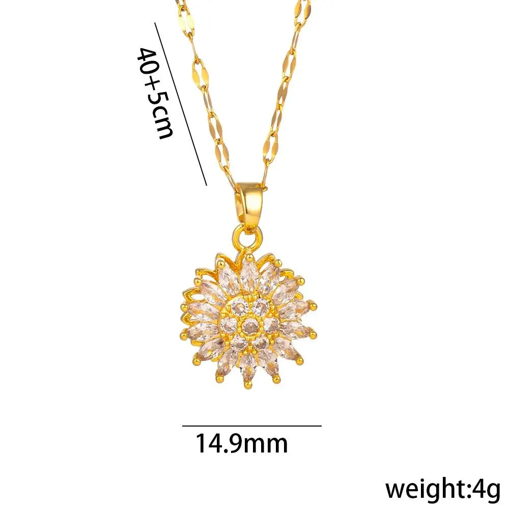 Rotating Sunflower Crystals Pendant Necklaces For Women Girls Gold Color Alloy Chain Cubic Zirconia Jewelry Accessories