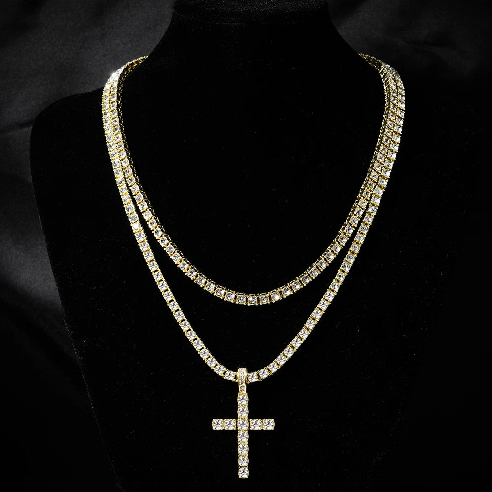 Fashion Iced Out Silver Gold Color Cross Pendant and Necklace for Men Women 4mm Tennis 3mm Rope Chain Bling Zircon Jewelry
