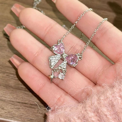 Elegant Pink Bow and Star Crystal Pendant Necklace for Women Fashion Sparkling Rhinestone Clavicle Chain Jewelry Accessories