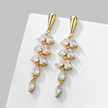 Luxury Leaf Flower Crystal Tassel Earrings for Women Girls Fashion Clear Zirconia Jewelry