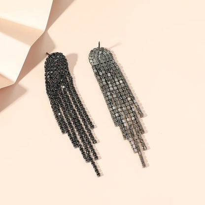Rhinestone Long Tassel Drop Earrings for Women Girls Silver Gold Black Color Dangle Earrings Jewelry