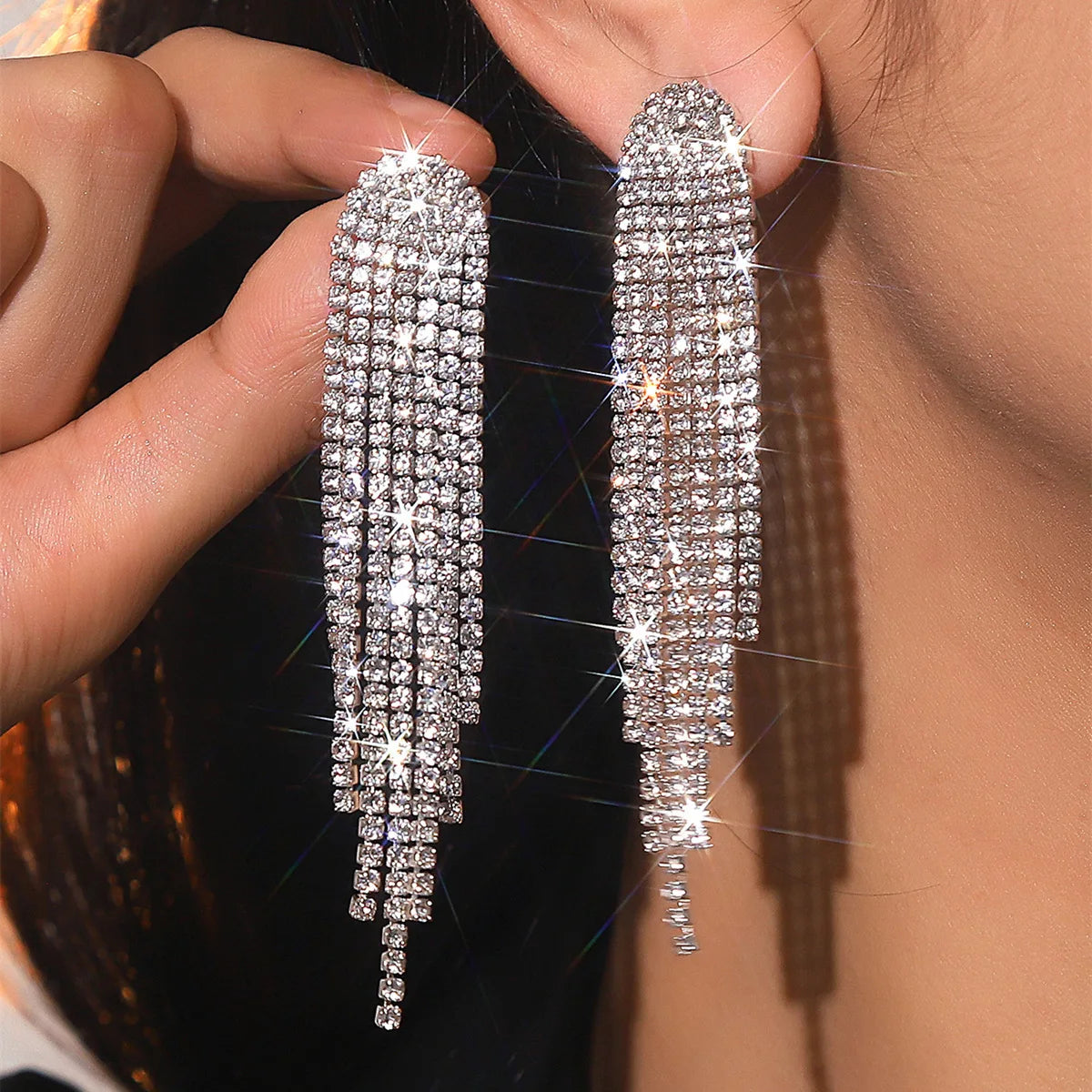Rhinestone Long Tassel Drop Earrings for Women Girls Silver Gold Black Color Dangle Earrings Jewelry