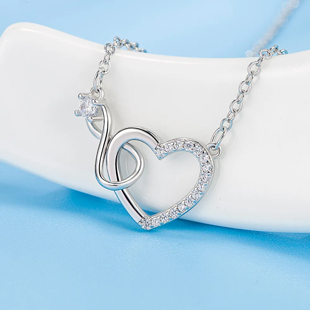 Interlocking Heart Crystals Necklace for Women 925 Sterling Silver Zircon Luxury Jewelry Quality Gift