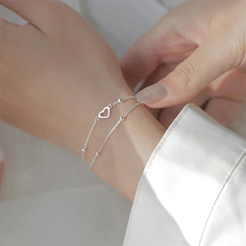Lavish Double Heart Beads 925 Sterling Silver Chain Bracelets for Women Romantic Jewelry Accessories