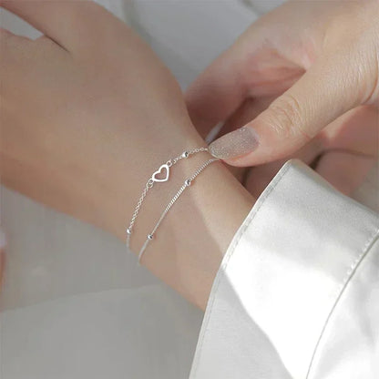 Lavish Double Heart Beads 925 Sterling Silver Chain Bracelets for Women Romantic Jewelry Accessories