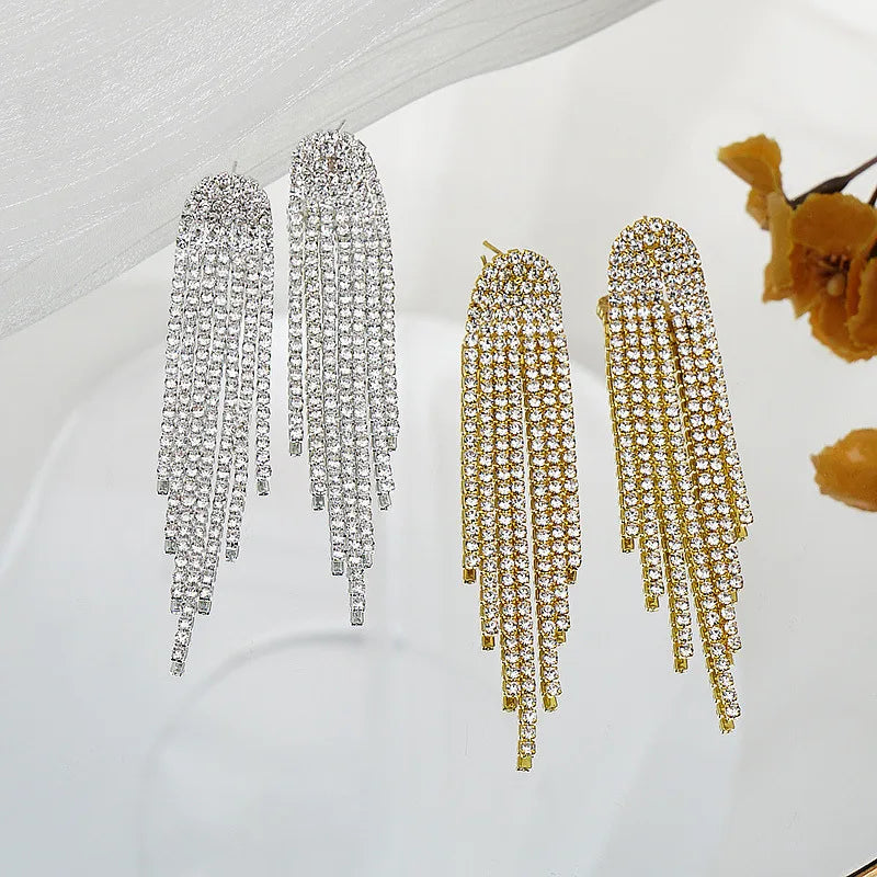 Rhinestone Long Tassel Drop Earrings for Women Girls Silver Gold Black Color Dangle Earrings Jewelry