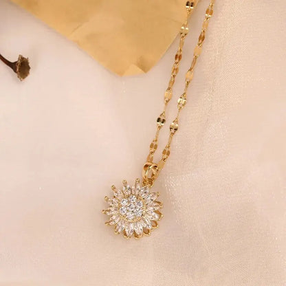 Rotating Sunflower Crystals Pendant Necklaces For Women Girls Gold Color Alloy Chain Cubic Zirconia Jewelry Accessories