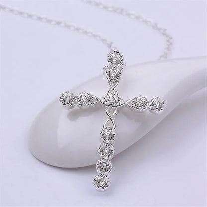 Luxurious Crystal Cross 925 Sterling Silver Necklace for Women Noble Charm Fashion Jewelry