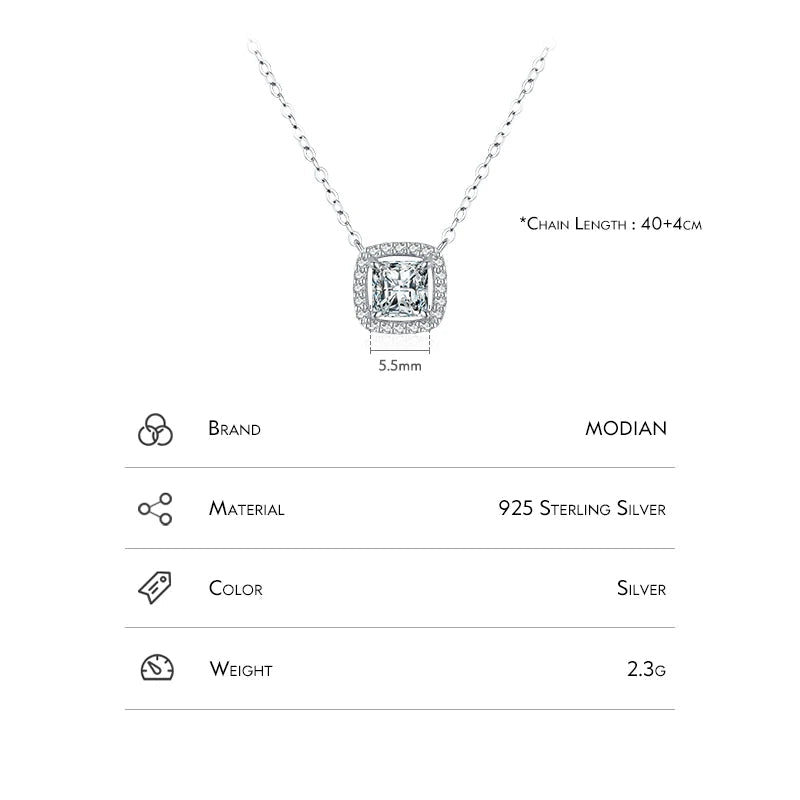 Luxurious Square Crystal 925 Sterling Silver Shiny Pendant Chain Necklace for Women Fine Jewelry Charm